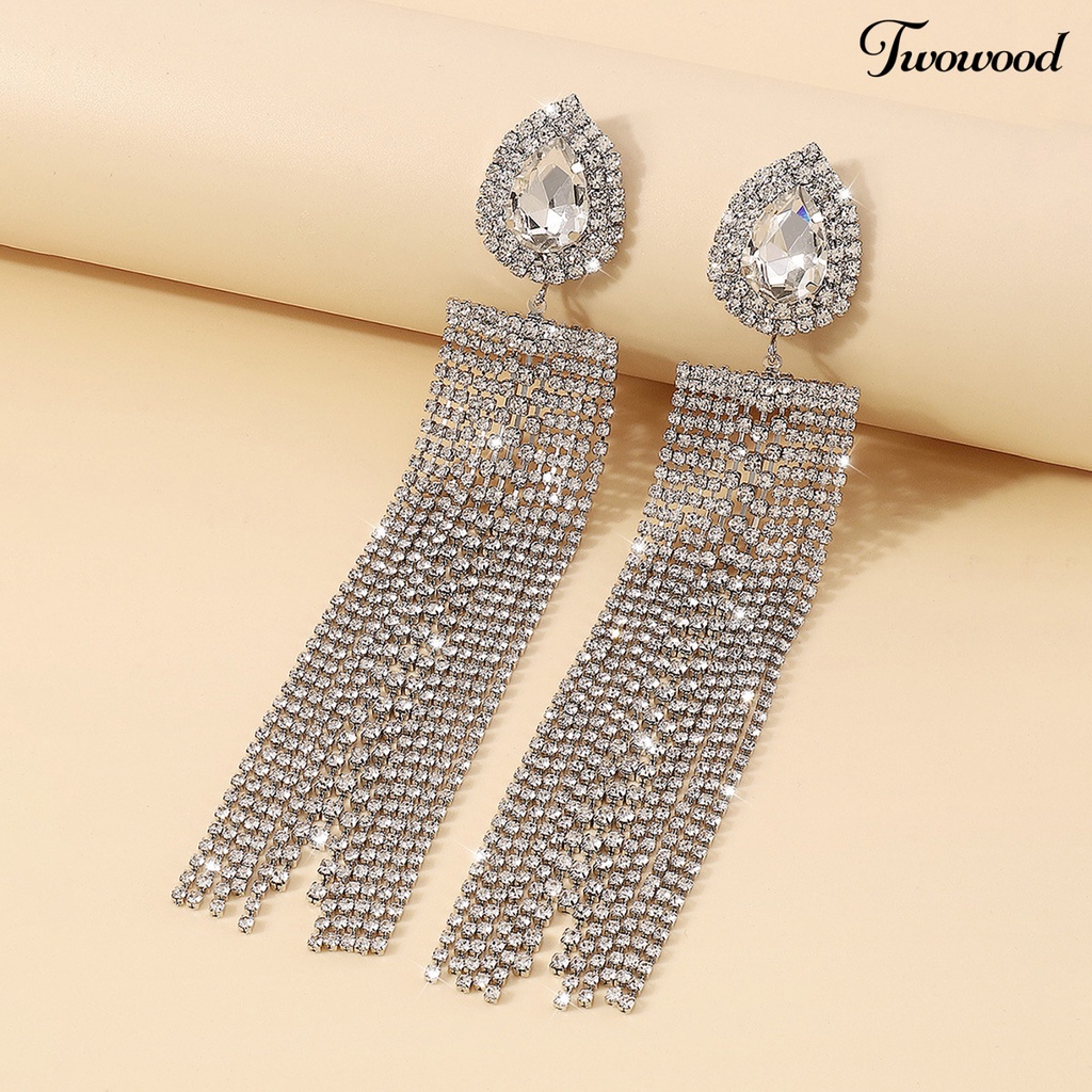 Twowood 1pasang Drop Anting Berlebihan Oversize Geometris Temperamen Hias Berdandan Elegan Tetesan Air Panjang Rumbai Kristal Imitasi Anting Perhiasan Fashion