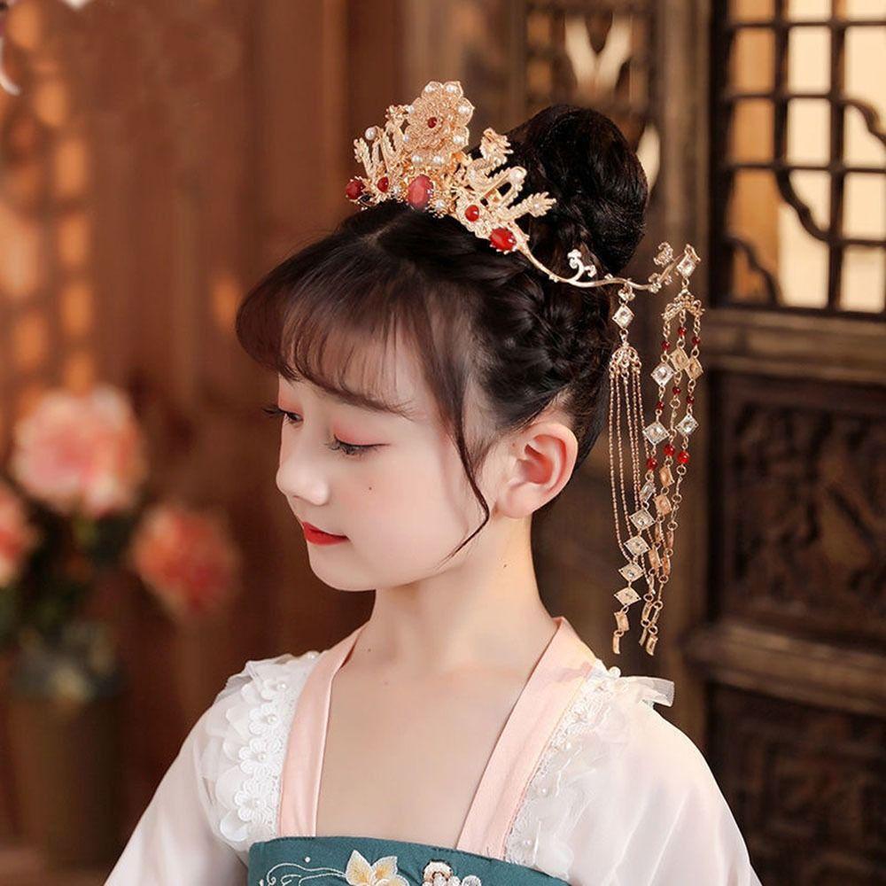 Needway Hanfu Rambut Stik Hiasan Kepala Simple Vintage Hair Disk Step Shake Flower Untuk Anak Gaya Kuno Gaya Cina Wanita Hair Fork