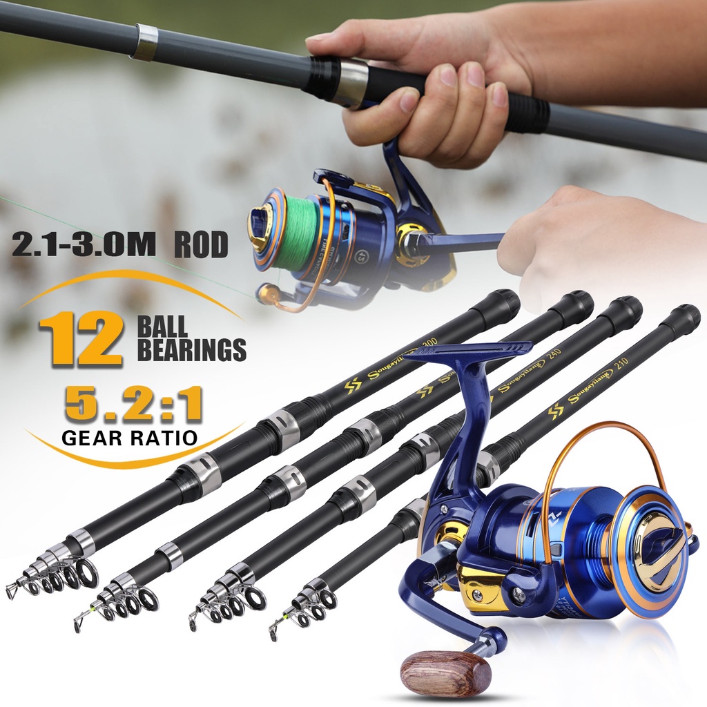 Glass Fiber Fishing Rod Pancing Telescopic Fishing Rod 2.1M-2.7M Ultralight Weight And Fishing Reel Gear Ratio 5.2:1 Spinning pancingan set lengkap Joran Pancing Set