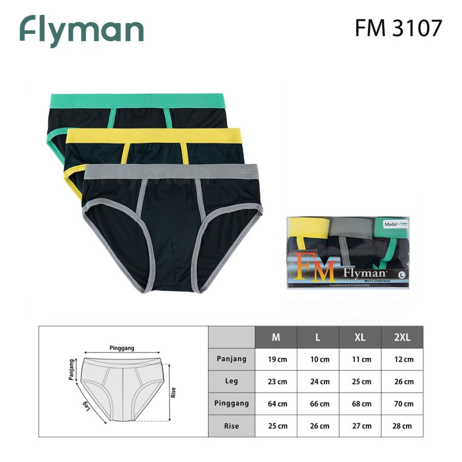 Flyman Celana Dalam Pria Colorful Brief 3 Pcs FM 3107 good quality