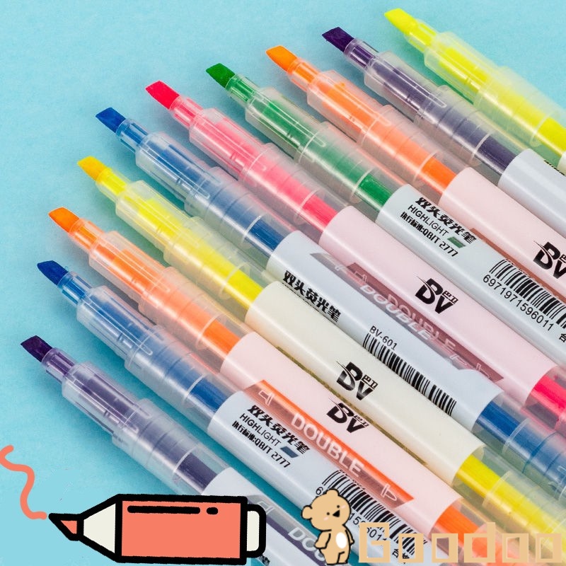 6PCS Warna Berkepala Dua Stabilo 6-Warna Penanda Garis Kunci Spidol Grafiti Miring Kepala Pena-Doo