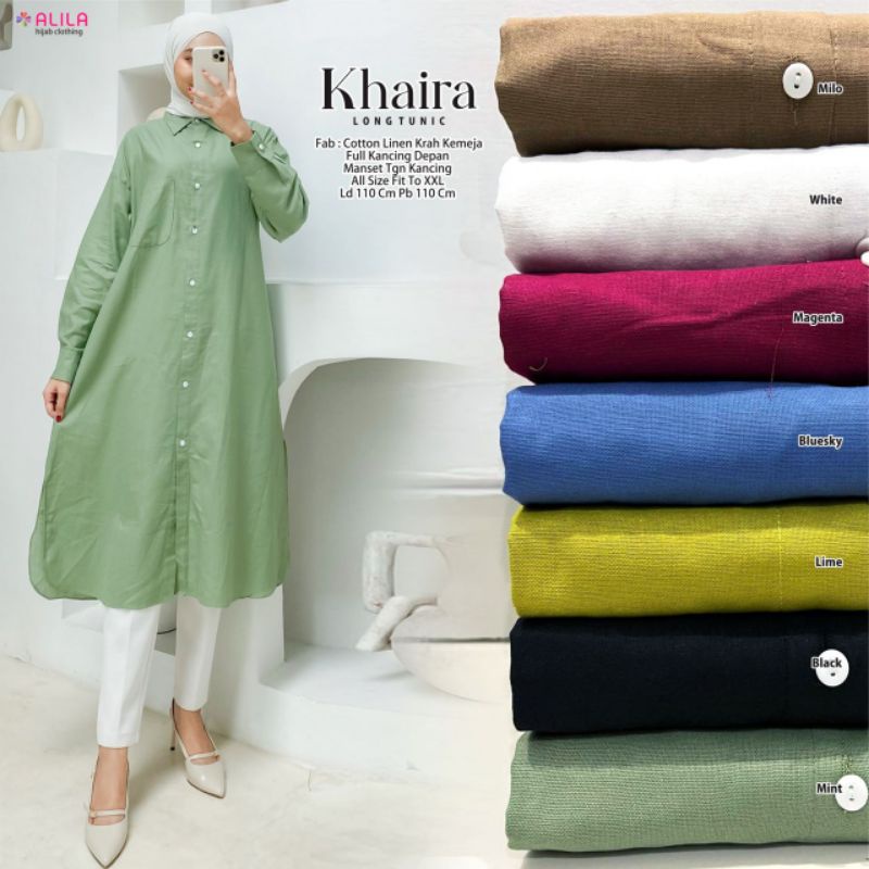 KHAIRI LONG TUNIC ORI ALILA | Cotton Linen Krah Kemeja Full Kancing Depan