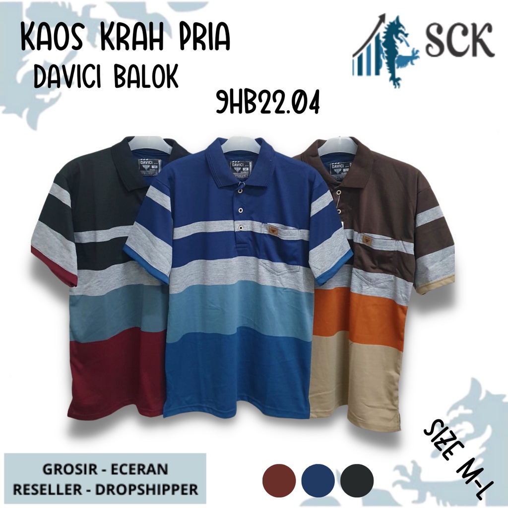 Kaos Kerah Pria DAVICI 9HB22.04 9IK22.32 Motif Salur Kombinasi Halus Original / Baju Cowok Size M-L - sckmenwear GROSIR