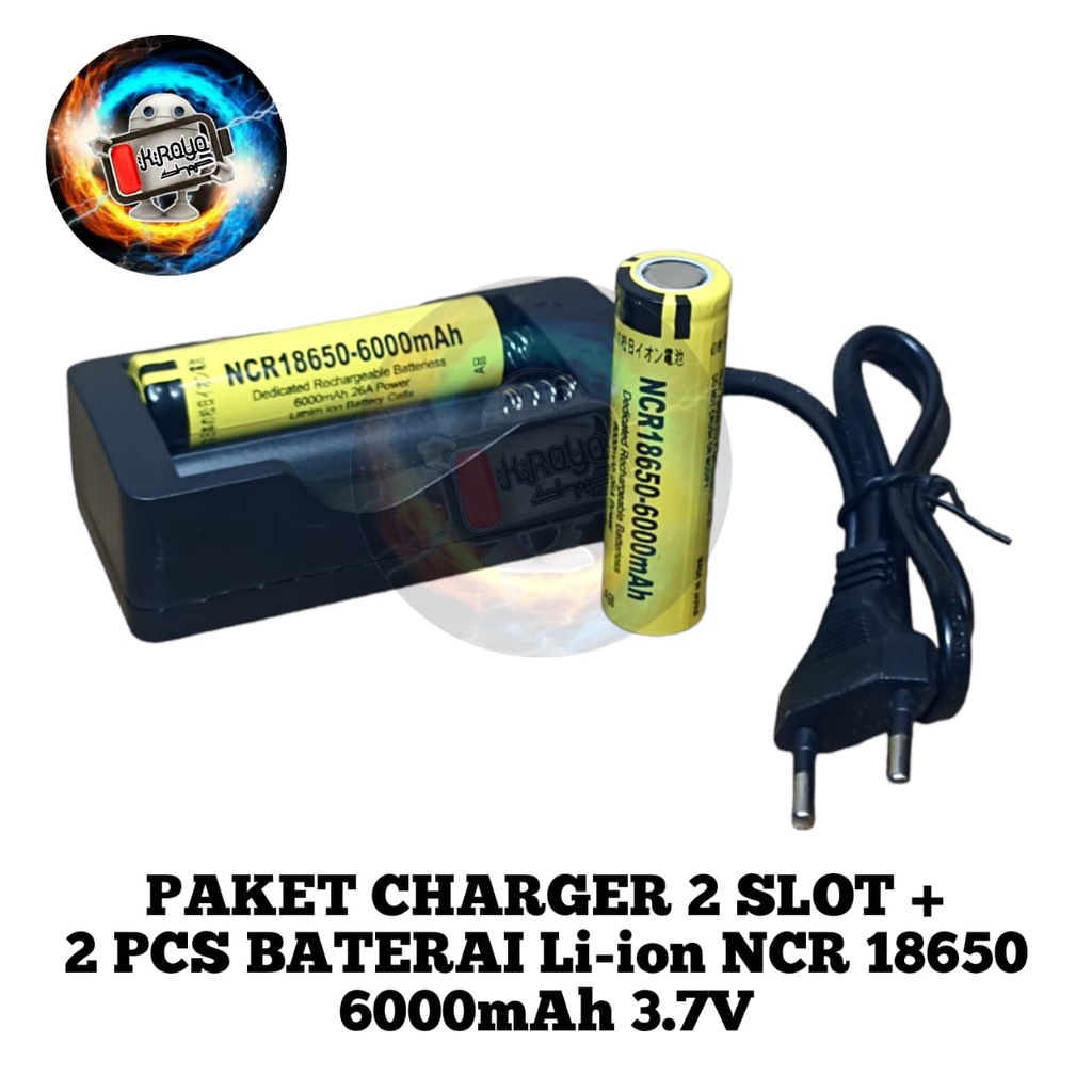 Paket Adaptor Charger + 2 Batterai Li-ion NCR 18650 Li-ion 3.7v - 6000mAh