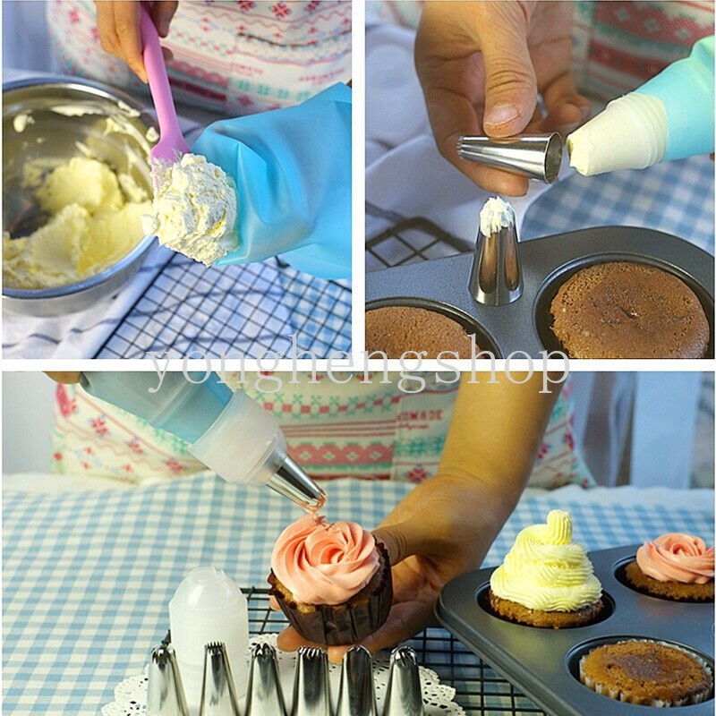 8pcs /set Silikon Cream Pastry Bag Stainless Steel Icing Piping Nozzle Pastry Tips Converter DIY Alat Dekorasi Kue Dapur Gadget