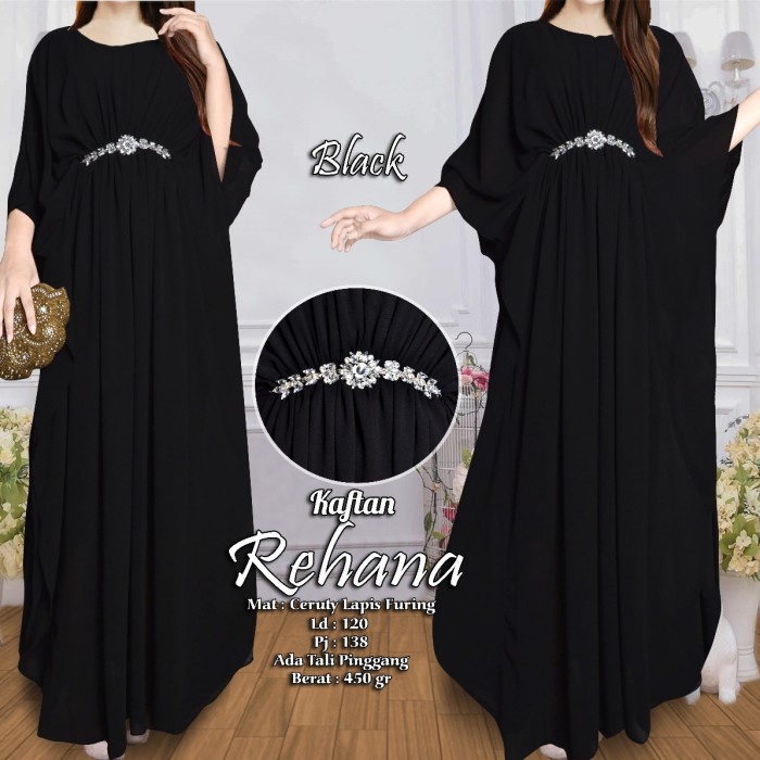 baju muslim kaftan modern jumbo kaftan wanita busui polos rehana - Hitam (W5C9) Terbaru Kaftan Lebar