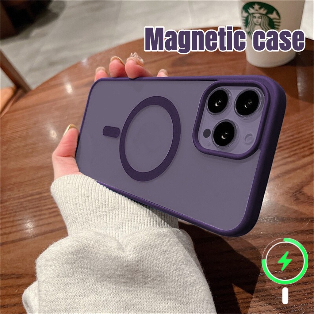 IPHONE Casing Magnet Mewah Iphone14 Pro Max Case13 12 11 Pro Max case Iphone14 Plus bezel Silikon Ungu Transparan shockproof hard back cover