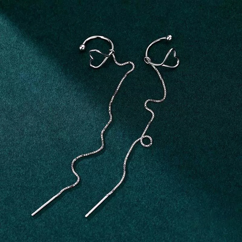 Anting Klip Telinga Hati Sederhana Rantai Warna Perak Menjuntai Earrings Woman Lady Fashion Pesta Perhiasan Hadiah