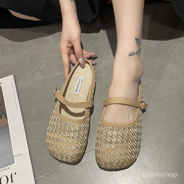 #Sisjuly# Renda dibungkus kepala setengah sandal sandal wanita baru grid burung baru bagian bawah le