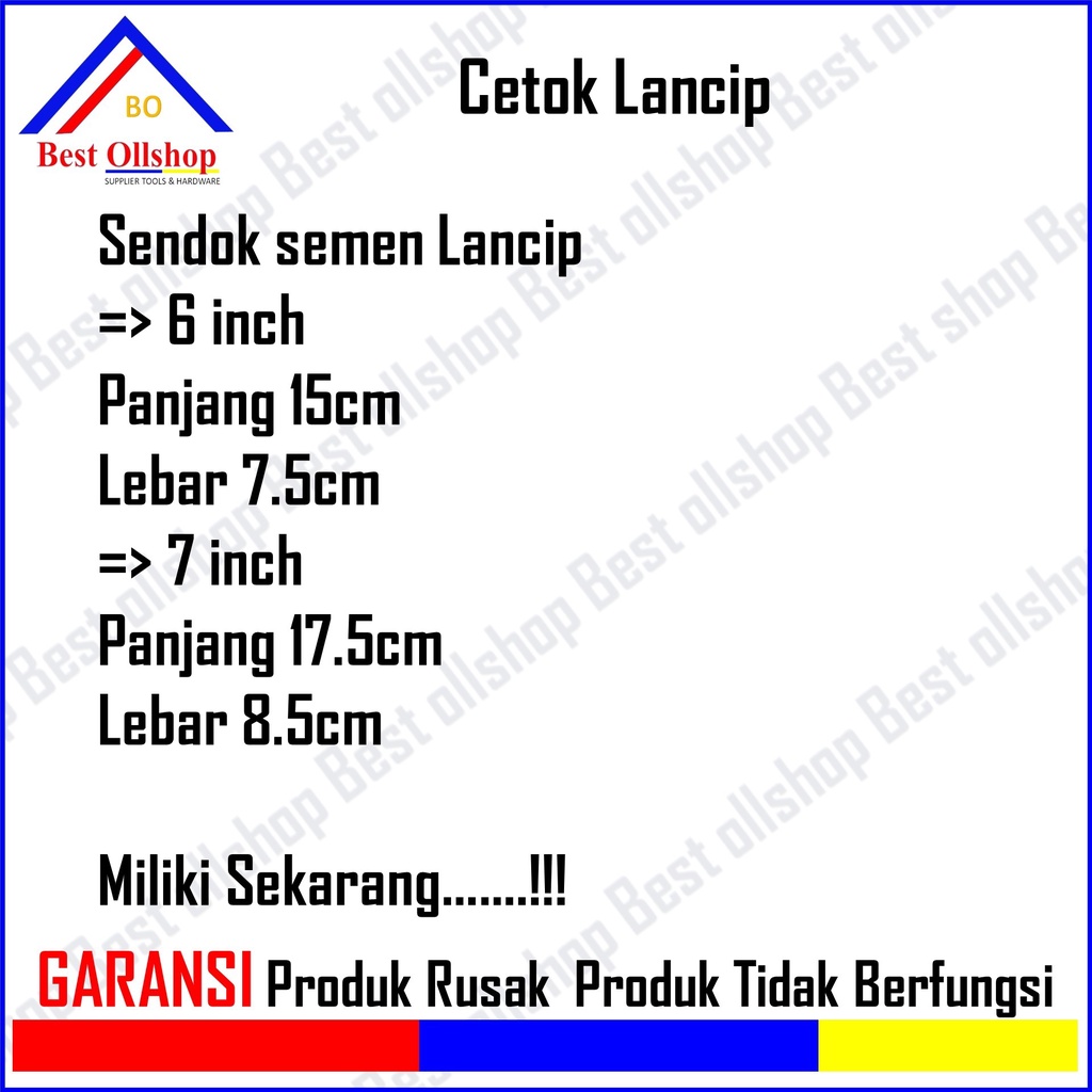 Sendok Semen Gagang Kayu 6 Inch Lancip / Cetok Semen Gagang Kayu 7 Inch Lancip