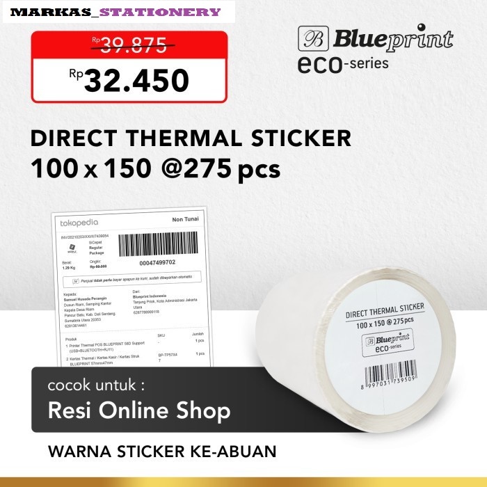 

Direct Thermal Sticker 100 x 150 Stiker Label BLUEPRINT ECO 100x150 mm Isi 275 Roll
