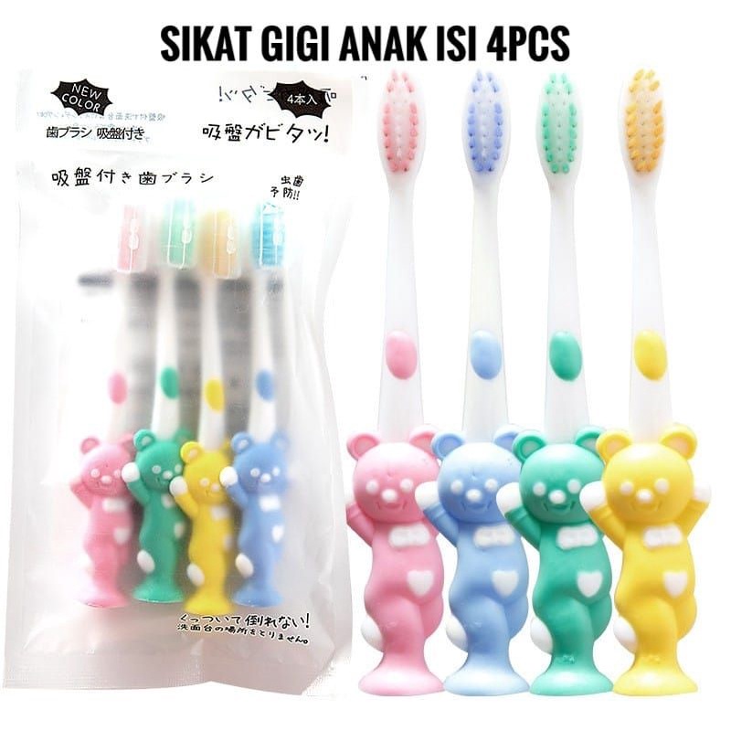 ♥BabyYank♥ Sikat Gigi Anak 1 SET 4 PCS Extra Soft Tavel Toothbrush Double Care Sikat Gigi Halus &amp; Lembut Karakter Beruang Import Murah