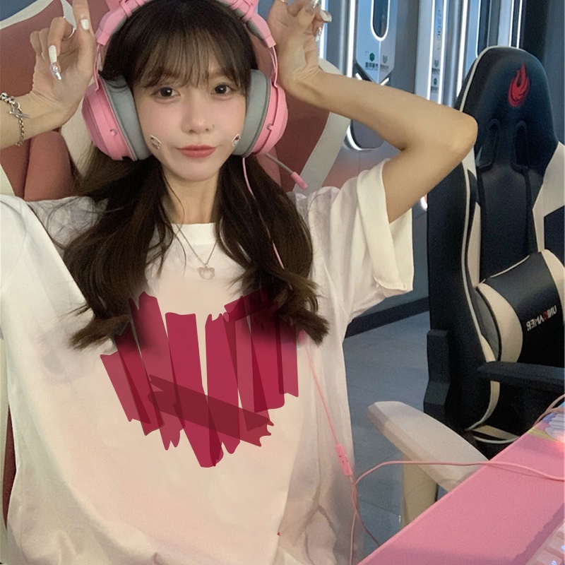 Print T-shirt Kaos Lengan Pendek Pink Graffiti Heart Atasan Wanita Oversize Korean Style