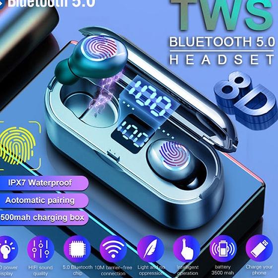 ™ (COD) F9-8 Headset Bluetooth 2200mah Power Bank TWS with Mic 9D Bass LED Display Smart Touch Finge