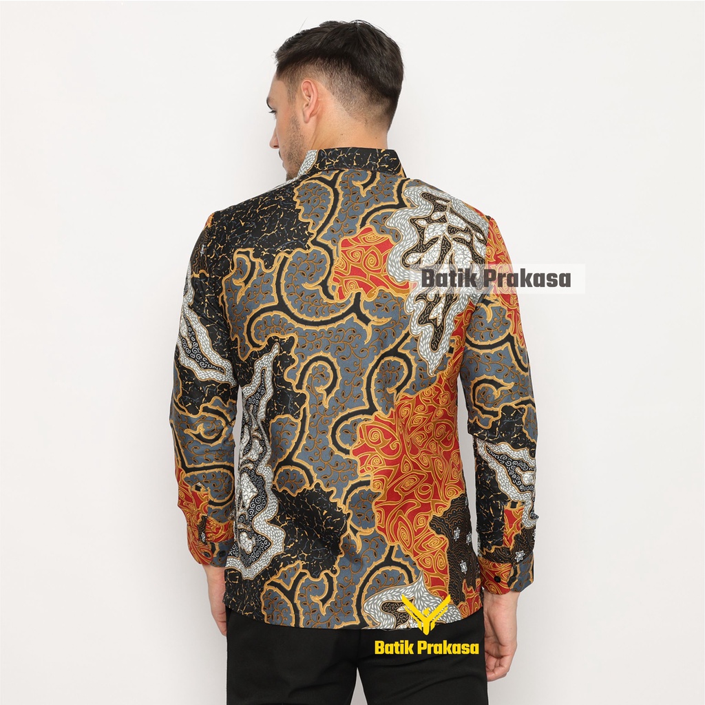 Kemeja Batik Prakasa Motif Danendra Oren Slimfit Lengan Panjang Batik Solo