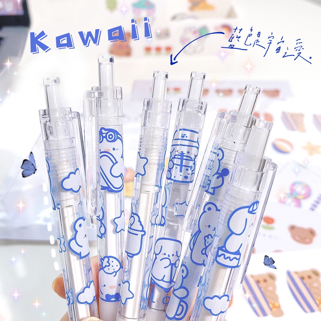 1pc Kawaii Biru Hewan Gel Pen INS Korea Transparan Pulpen Tulis Halus 0.5mm Hitam Press Pen Siswa Alat Tulis Sekolah Perlengkapan Kantor