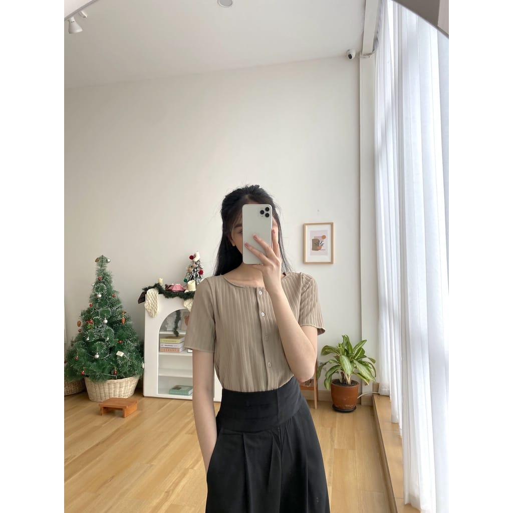 (MSB) BLOUSE KAHIYANG CROP TOP FULL KANCING KEMEJA BAHAN KNIT