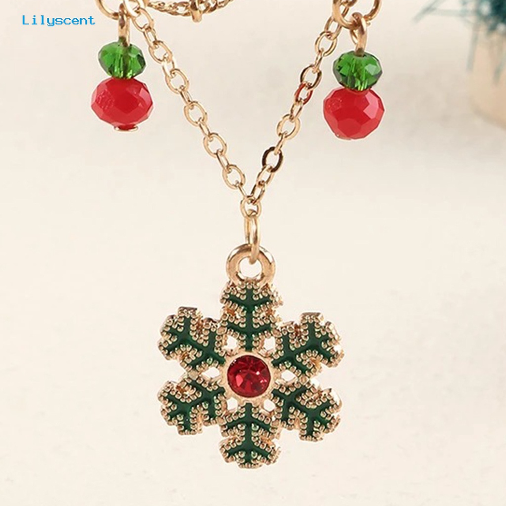 [LS] Wanita Kalung Double Layer Warna-Warni Lonceng Kristal Imitasi Meriah Electroplating Adjustable Dekorasi Hadiah Tahun Baru Natal Snowflake Pendant Rantai Klavikula Perhiasan Pesta