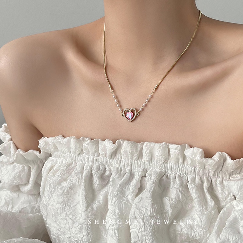 Kalung Gelang Mutiara Peach Lucu Rantai Hati Warna Emas Untuk Aksesoris Perhiasan Fashion Wanita