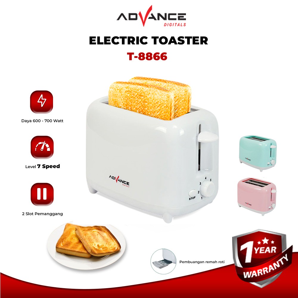 Advance Digitals READY STOCK DigitalsPemanggang Roti Listrik Toaster Sandwich Otomatis Pop-up T8866 | PUTIH DAN PINK