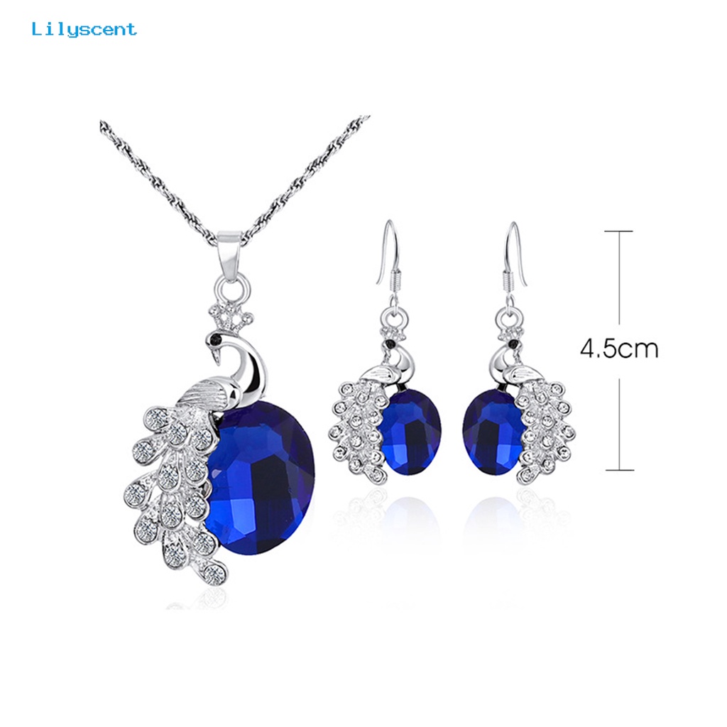 [LS] 2pcs/set Kalung Anting Set Biru Kristal Imitasi Kepribadian Glitter Indah Bentuk Merak Hias Berlian Imitasi Liontin Anting Kalung Perhiasan Aksesori