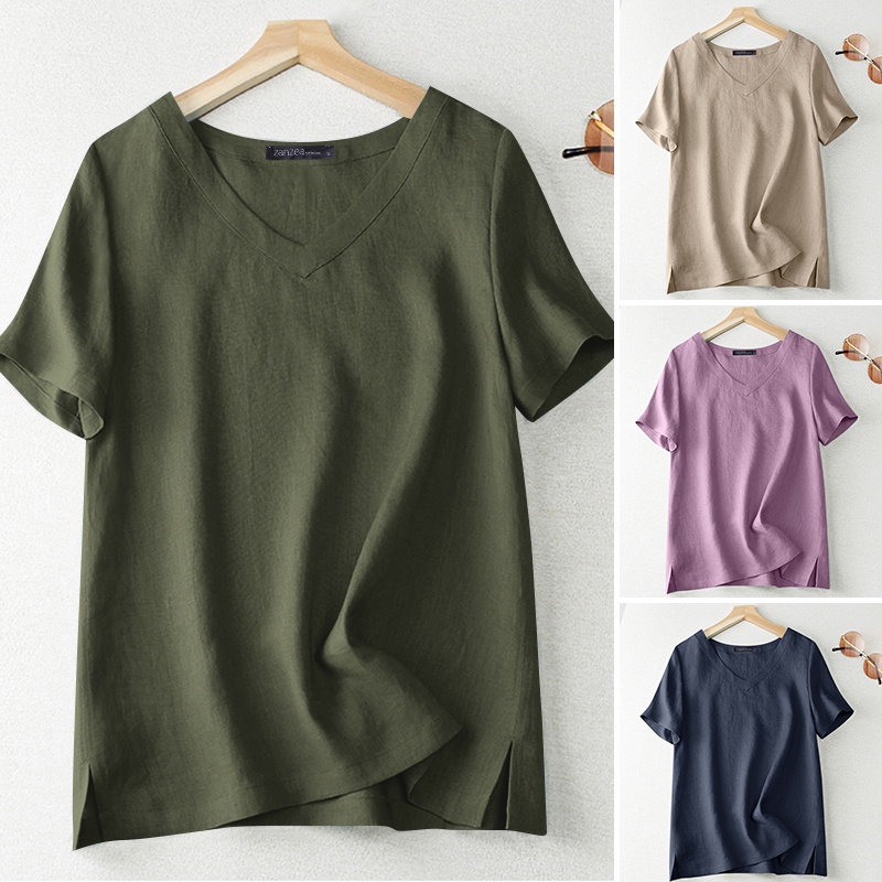 ZANZEA Women V Neck Short Sleeve Solid Color Casual Loose Blouse