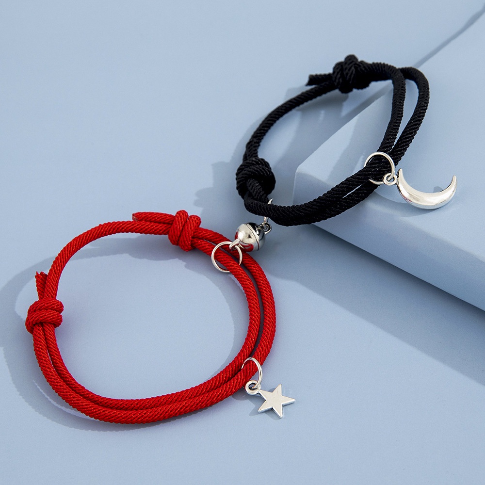 Ins Sederhana Teman Pecinta Bulan Bintang Magnetite Gelang Adjustable Tali Buatan Tangan