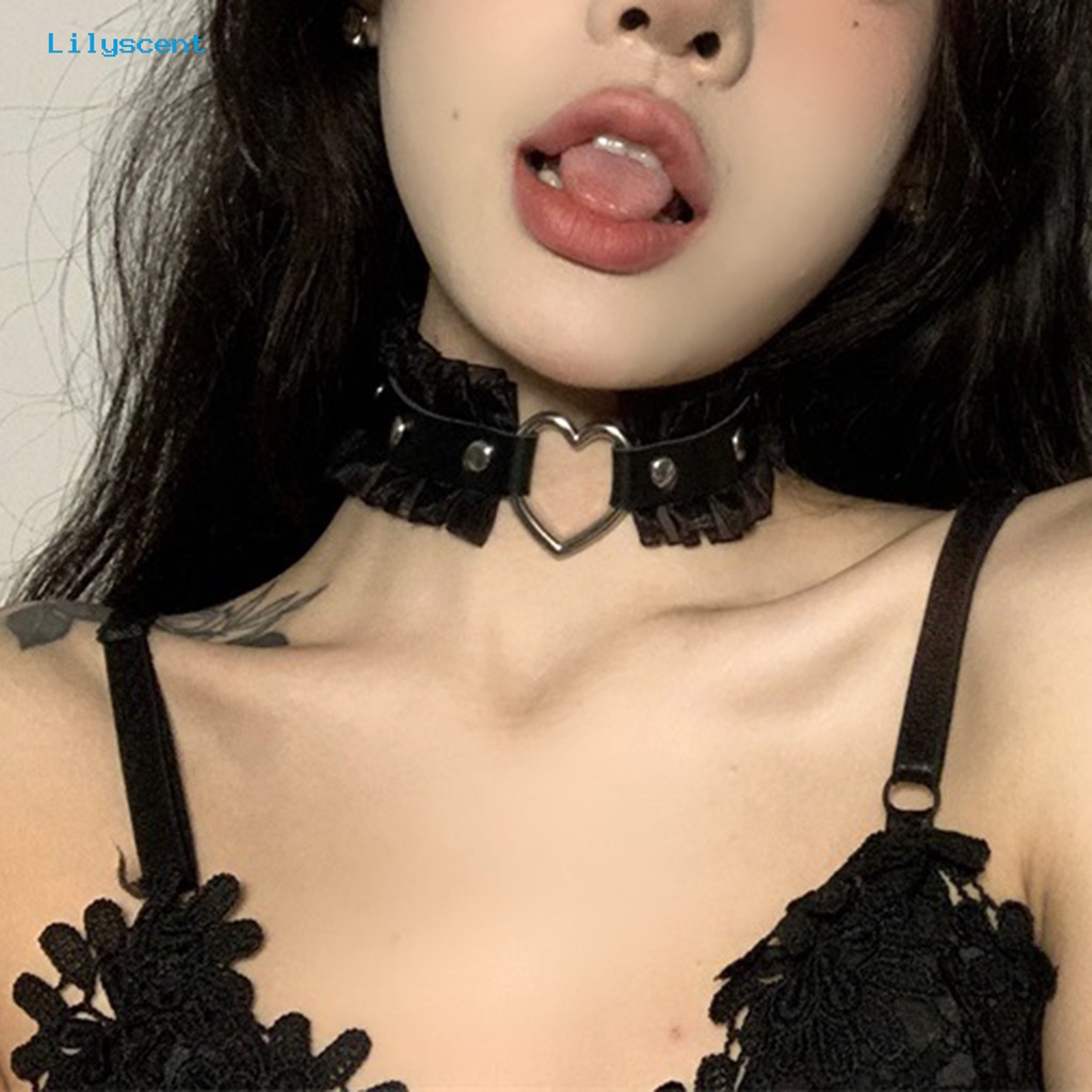 [LS] Wanita Choker Punk Harajuku Ruffle Renda Paku Keling Hadiah Kulit Imitasi Berongga Cinta Hati Gadis Kerah Kalung Pakaian Sehari-Hari