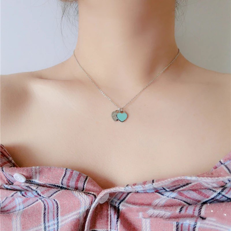 Kalung Rantai Dengan Liontin Hati Ganda Untuk Wanita | Kalung Rantai Klavikula Bahan Titanium Steel 18k Warna Rose Gold | Kalung Bahan Stainless Steel