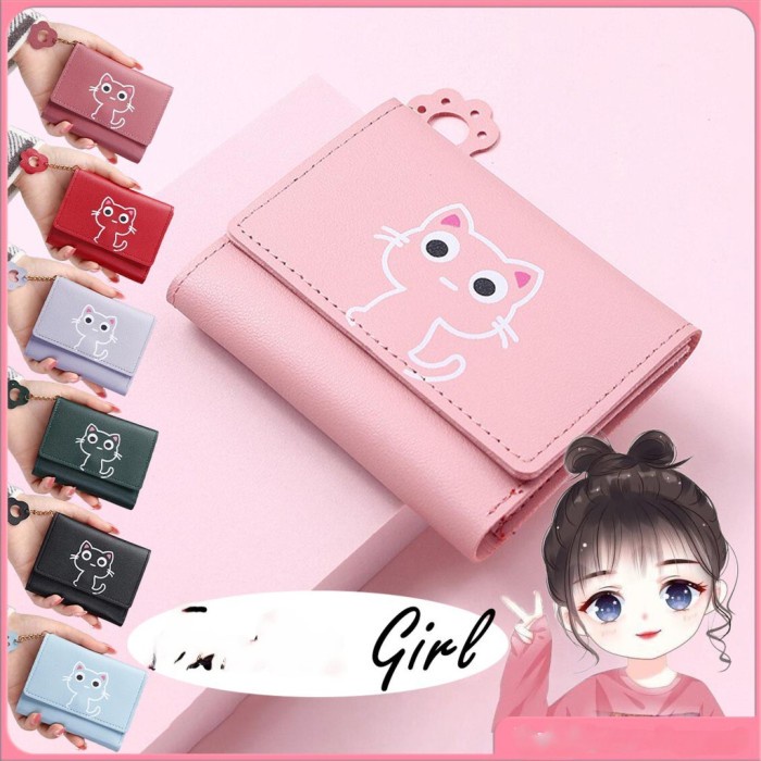 Dompet Dompet Anak Perempuan Lucu Lipat Pendek Mini Karakter Kucing