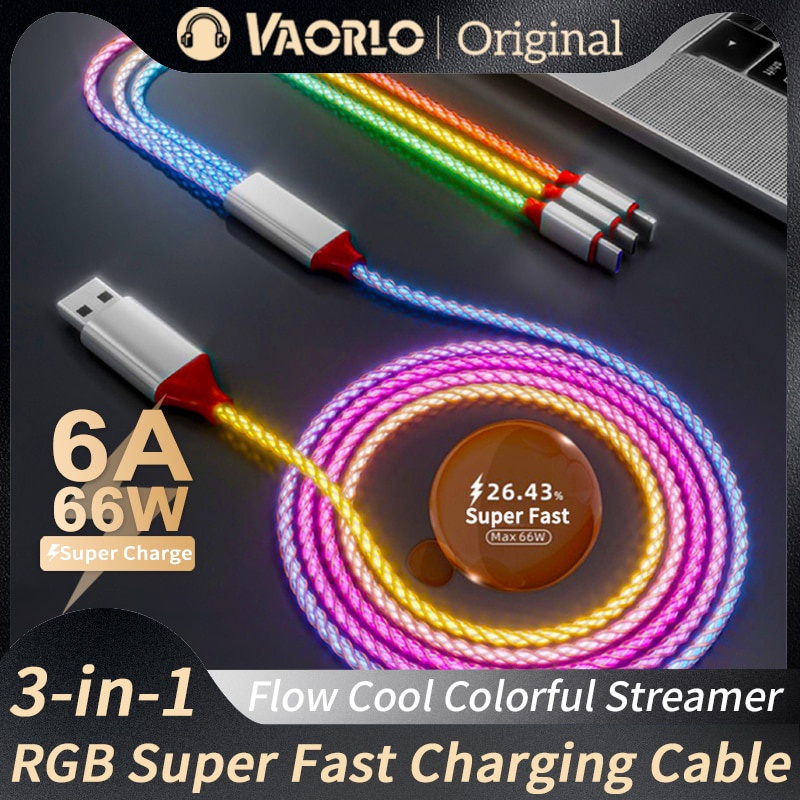 3in1 RGB 6A 66W Kabel Pengisian Super Cepat Micro USB Tipe-C Charger Cable Flow Cool Colorful Glow Data Line Untuk iPhone Android