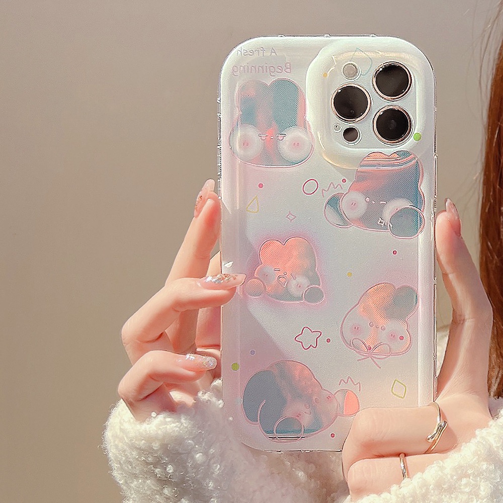 IPHONE Laser Pink Kelinci Bunny Pelindung Lensa Kamera Ponsel Soft TPU Case Cover Untuk Iphone11 12 13 14 PLUS PRO MAX Lucu Shell