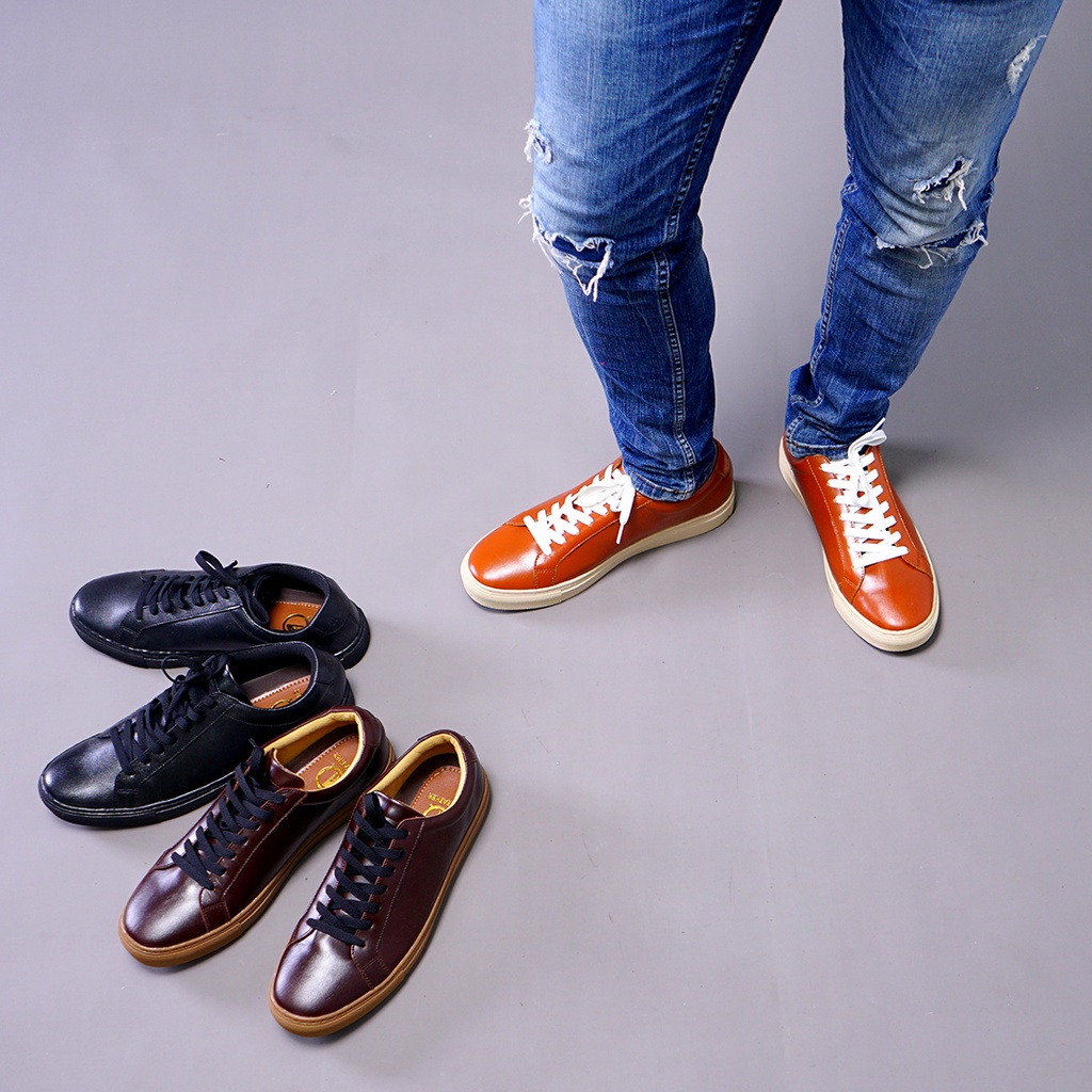 Sepatu Kulit Asli Sepatu Sneaker Kulit Sapi Asli Sepatu Sneakers Kulit Kasual Casual Evans Leather Shoes SP03 Jahitan Rapi Bahan Kulit Sapi Premium Garansi Original BISA COD