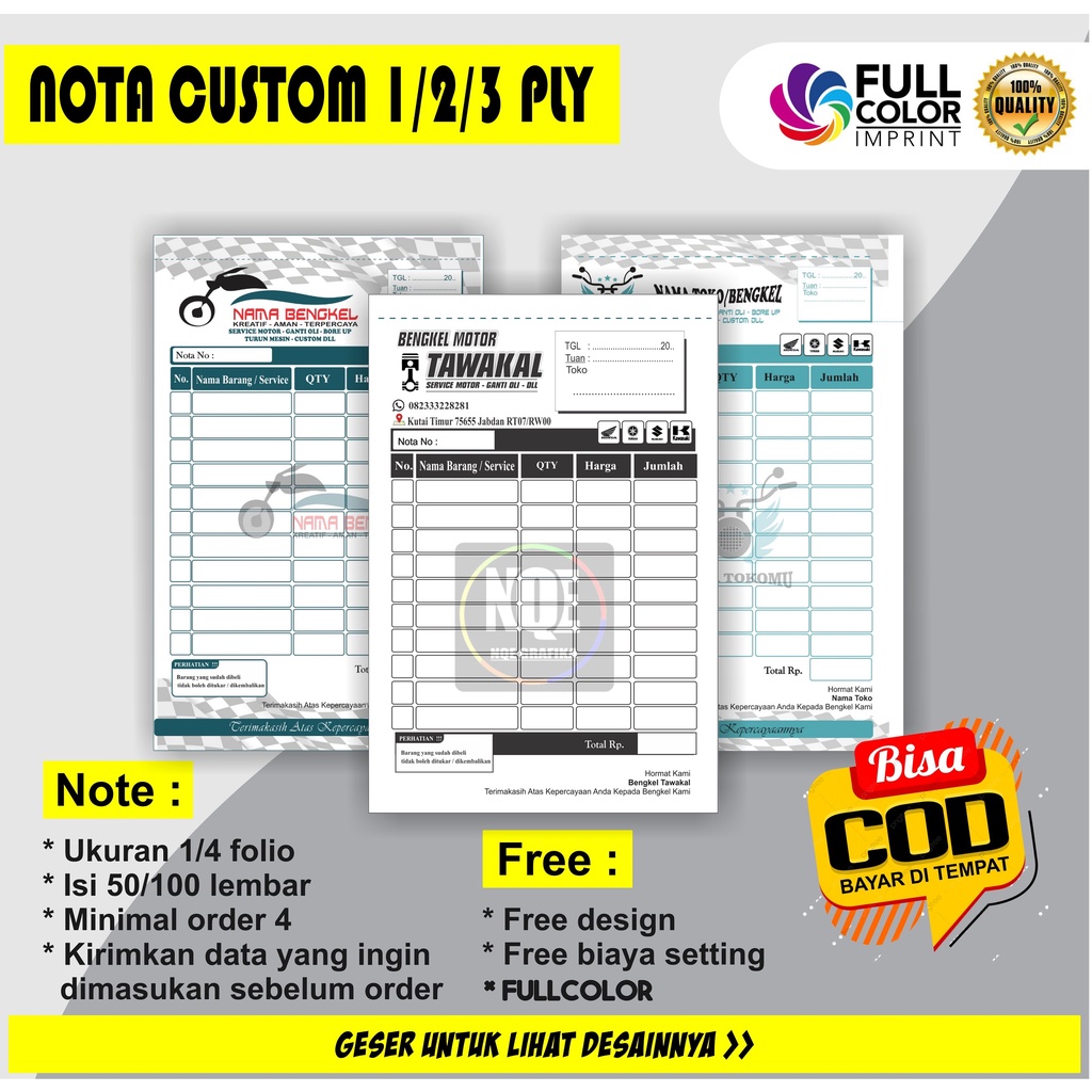 

nota bengkel motor, nota bengkel nama sendiri, nota bengkel mobil, nota bon bengkel mobil ukutan 1/4 hvs