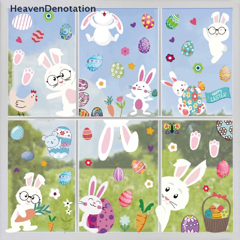 [HeavenDenotation] 9pcs Stiker Jendela Kaca Happy Easter Colorful Bunny Eggs Wall Sticker 20x30cm HDV