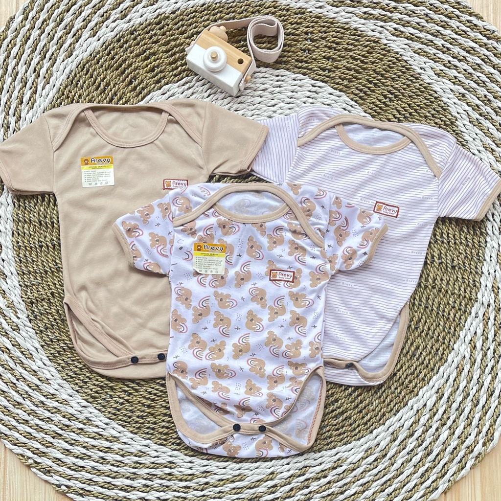 Bodysuit / Jumper Pendek / Baju Kodok Bayi Segitiga Arevy Babywear 3 Pcs Seri Cream 0-6 Bulan Katun Best Seller Baby Newborn