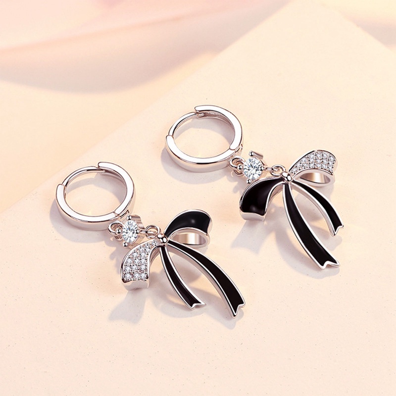 Anting Perak925 Needle Zircon Cute Bow Drop Untuk Wanita Trendi Perhiasan Hadiah Gadis