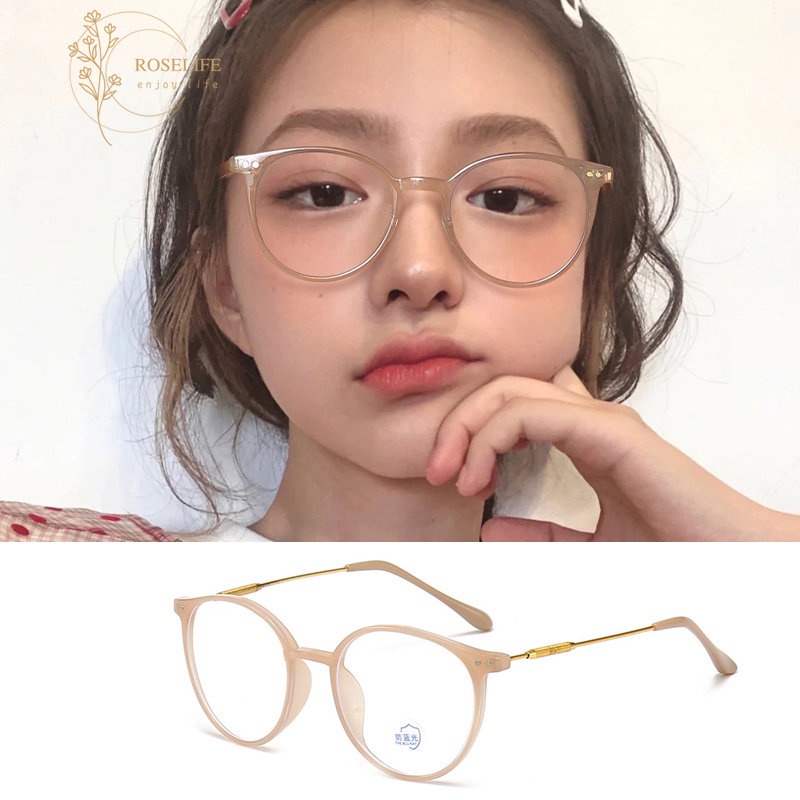 Roselife Korea Unisex TR90 Brown Round Frame Metal Kacamata Untuk Wanita Cewek Cowok Trendi Ins Selebriti Kecantikan Kacamata Outdoor Fashion Kacamata OOTD Hiasan