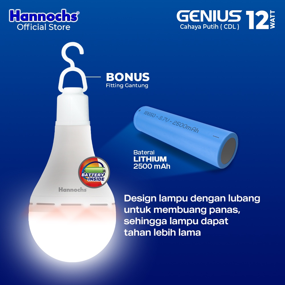 Hannochs Genius Bohlam Lampu LED Emergency 6-8-10-12-15 Watt Cool Daylight Putih BONUS Fitting Gantung