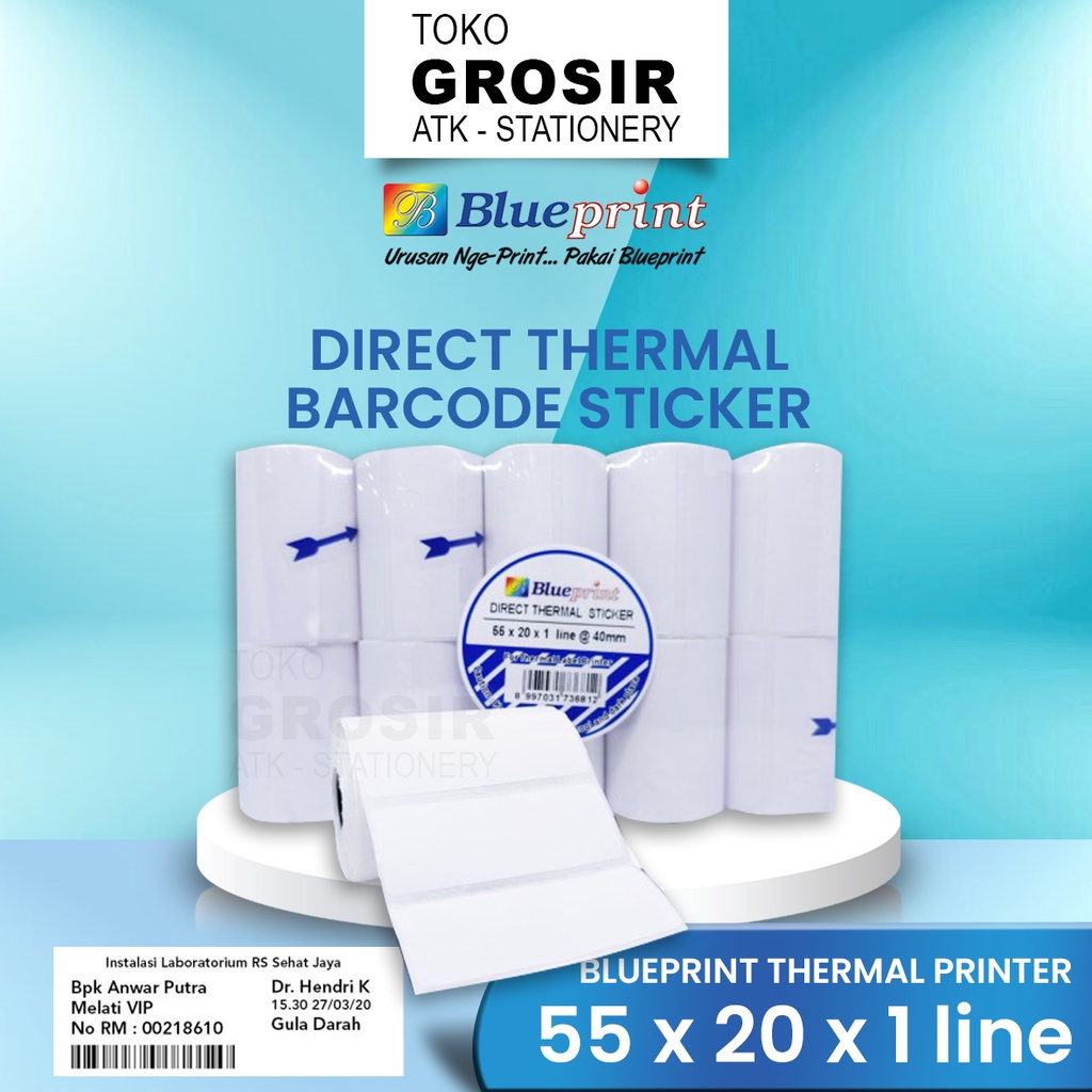 

55x20 (1 PACK) Kertas Thermal Sticker Barcode Stiker Label Termal BLUEPRINT Paper Roll ≈ 58MM
