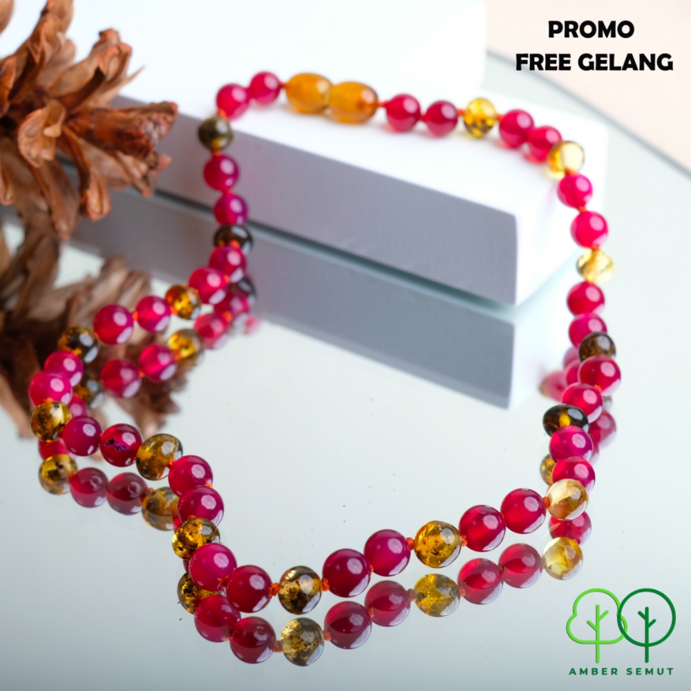 Kalung Amber Baltic Green Glossy X Red Botswana by AMBER SEMUT