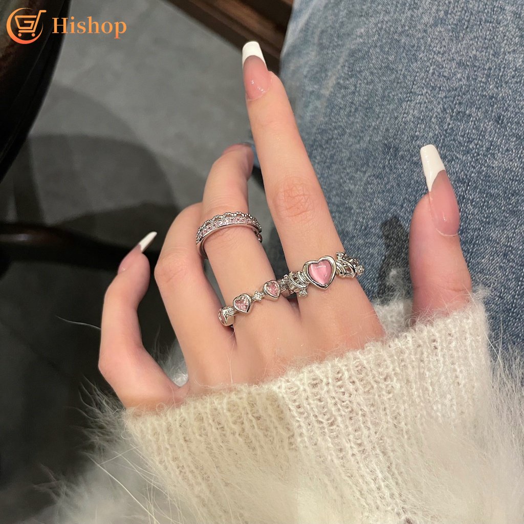 Cincin Silver Zircon Pink Manis Kristal Hati Pembukaan Adjustable Rings Untuk Aksesoris Perhiasan Wanita