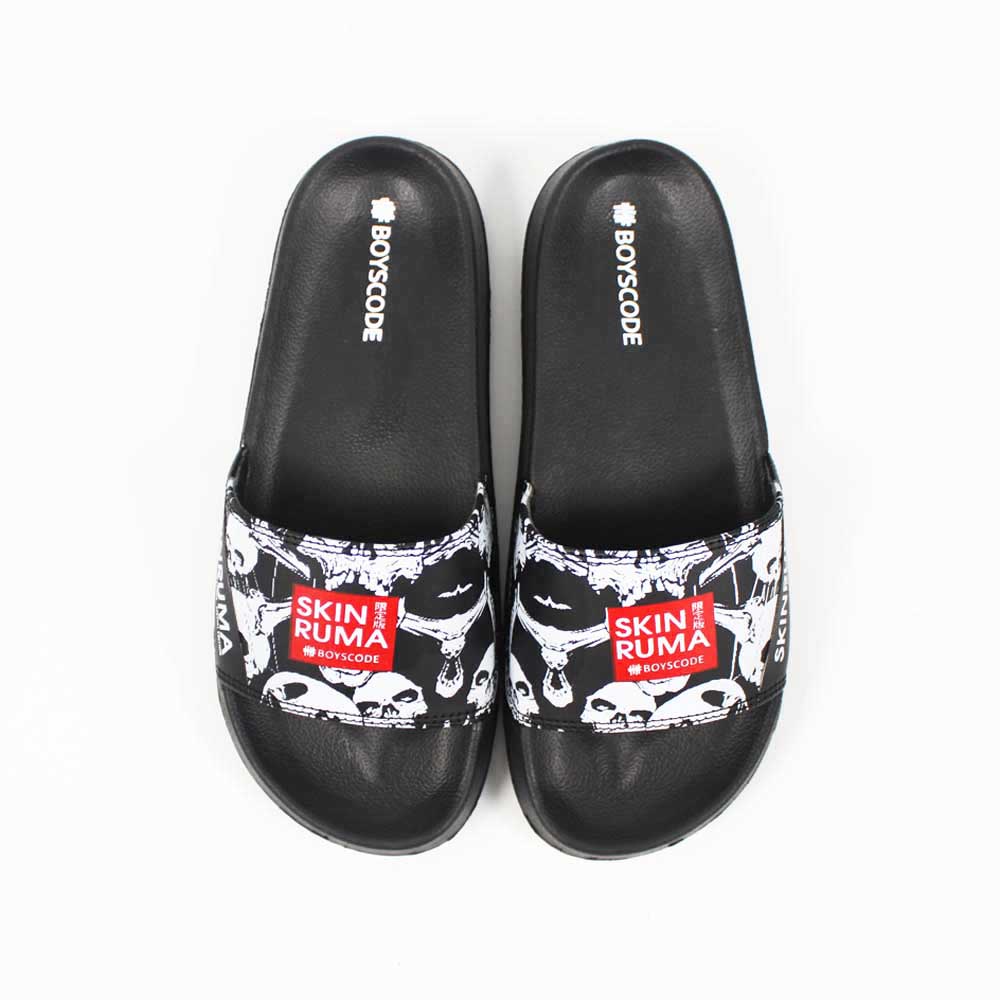 Sendal Slop Pria Wanita BOYSCODE X SKINRUMA Skull Black Hitam / Slide Pria / Slip On Pria / Sendal Cowok / Sendal Cewek