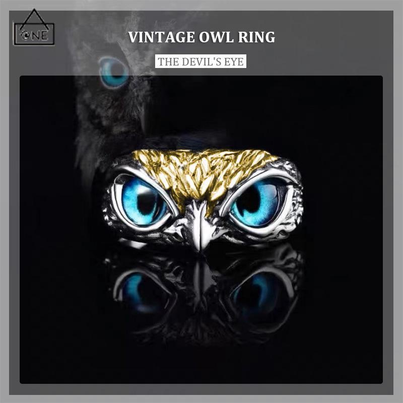 COD❤️Cincin Retro Mata Burung Hantu Kepribadian Warna Aksesoris Cincin yang Dapat Disesuaikan-A.one