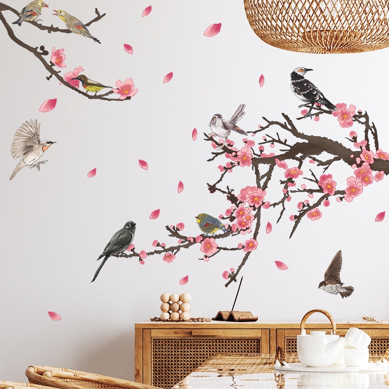 Plum Blossom Bunga Pohon Cabang Stiker Dinding Ruang Tamu Latar Belakang Dekorasi Burung Wallpaper Dekorasi Rumah Art Decals