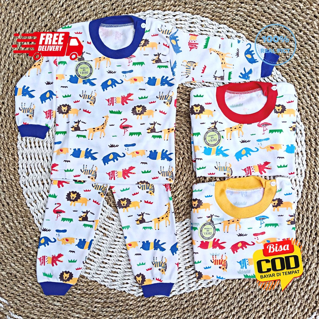 Setelan Baju Bayi Panjang 3 - 12 Bulan merk VIORI motif ANIMAL SAFARI, Bahan Double Knitted