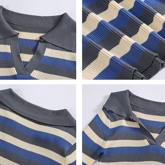 Sweater Polo Knit Wanita V Neck Lengan Panjang Stripe Shirt Wrap Top