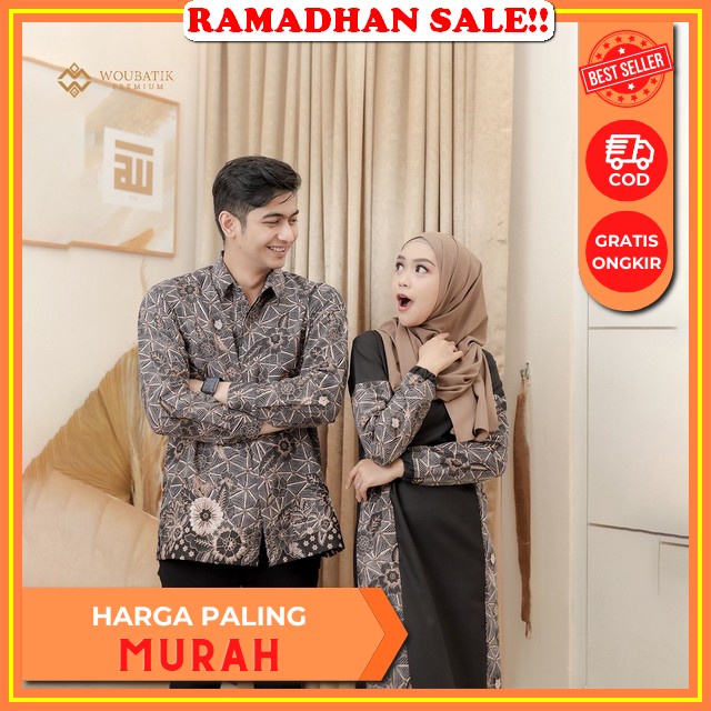 Gamis Sarimbit Syari Baju Couple Uwais Hijab Reina Dress Babydoll Motif Printing Batik Crinckle Prem