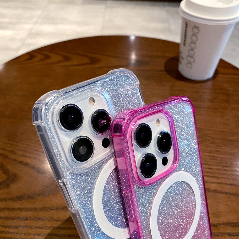 IPHONE Casing Bening Gradasi Glitter Mewah Untuk Iphone14 13 12 11 Pro Max Shockproof Transparan 11pro 13 14 Promax14 Plus Casing Keras Magnet Cover Bumper