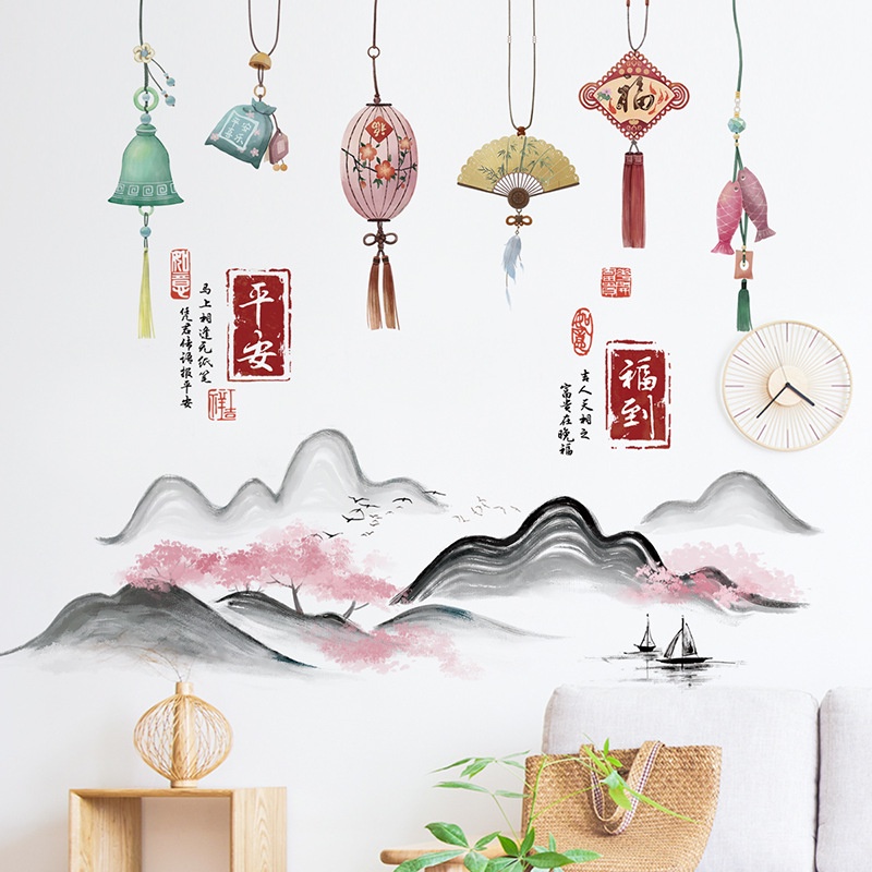 Gaya Cina Cina Simpul Latar Belakang Yang Dapat Dilepas Stiker Dinding Restoran Ruang Tamu Tahan Air Self-adhesive Landscape Wallpaper